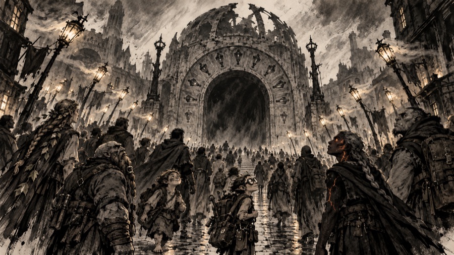 Lanternhollow in 1204 YH: every torch and lamp in the street leaning towards the Hollow Gate as if pulled by a wind.