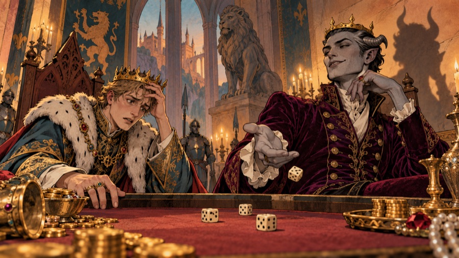 The Fall of Aurenhold (412 BH): King Ysmer the Last at a dice table in a candlelit throne room, losing to an elegant merchant whose shadow on the wall has horns.