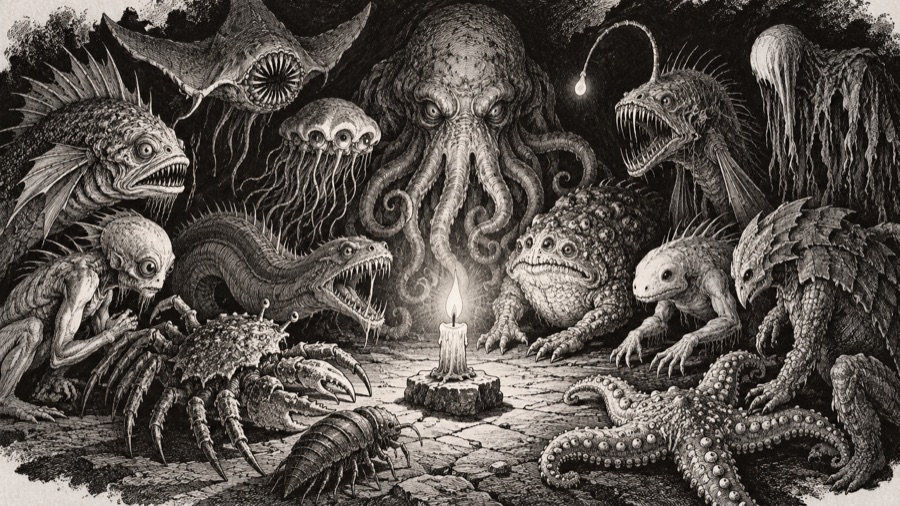 A delver's notebook page come to life: sketches of a dozen monsters of the Deep crowding round a single candle.