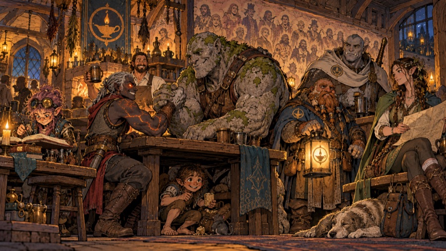 The inn called The Last Lamp at night, full of delvers of every people and calling: an Ashborn sellsword arm-wrestling a huge Cragborn, a Tinkerling arcanist reading by candlelight, a Stonekin lampwarden with a lantern, a Burrowfolk delver under a table, a Sylvan wayfinder with a map, a tusked Marrowkin oathknight, and a human barkeep; a long wall behind them painted with the names of the fallen.