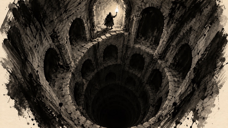 A lone delver with a torch at the top of a long stair going down into the dark, the whole Lampway opening below like a well.
