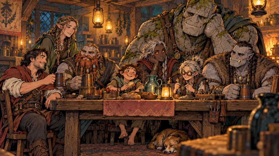 The eight peoples gathered round a long table in a lamplit inn: a human, a tall Sylvan, a broad Stonekin, a tiny Burrowfolk, a Tinkerling with spectacles, an ember-eyed Ashborn, a tusked Marrowkin, and a huge Cragborn hunched under the beams.