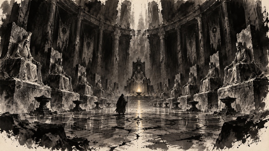 The Hall of the Lamp Kings in the Ring of Rest: a long row of stone thrones and tombs, a cold lamp before each, one still lit at the far end.