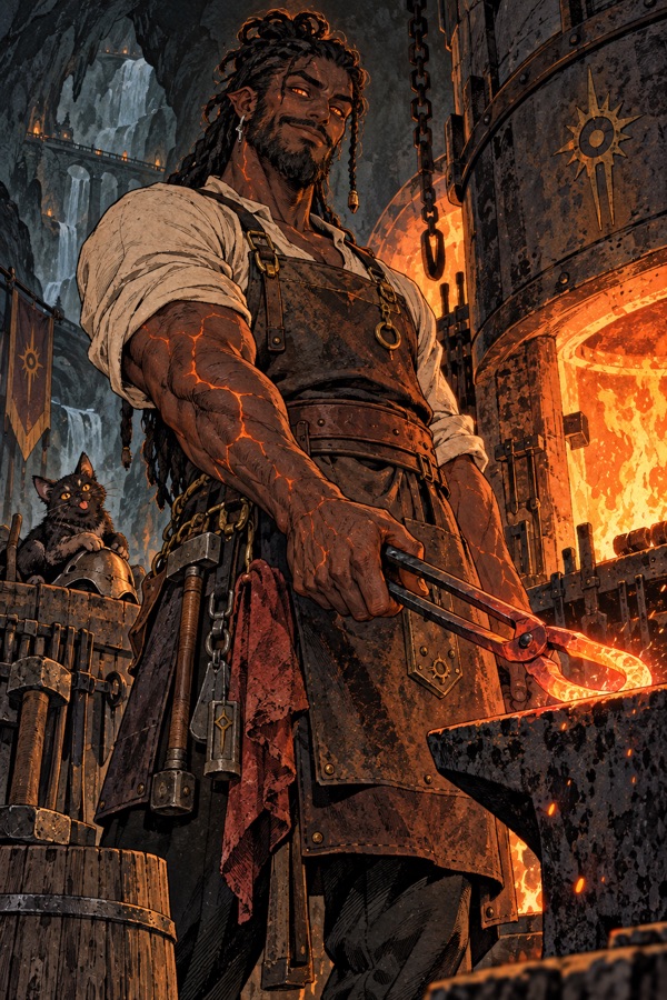 An Ashborn smith with ember-coloured glowing eyes and dark skin marked with faint cracks of orange light, sleeves rolled up, holding red-hot tongs without gloves, standing before a roaring forge in a cavern of black rock.