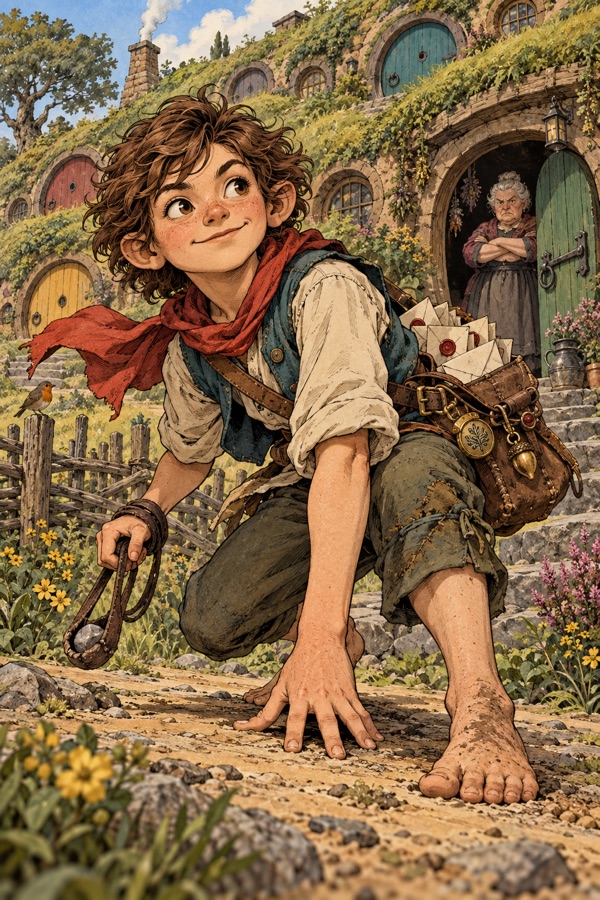 A small, nimble Burrowfolk runner, bare-footed and bright-eyed, a sling wound round one wrist and a satchel of letters, crouched at the mouth of a hillside warren with a dozen round doors, a stern grandmother watching from one of them.