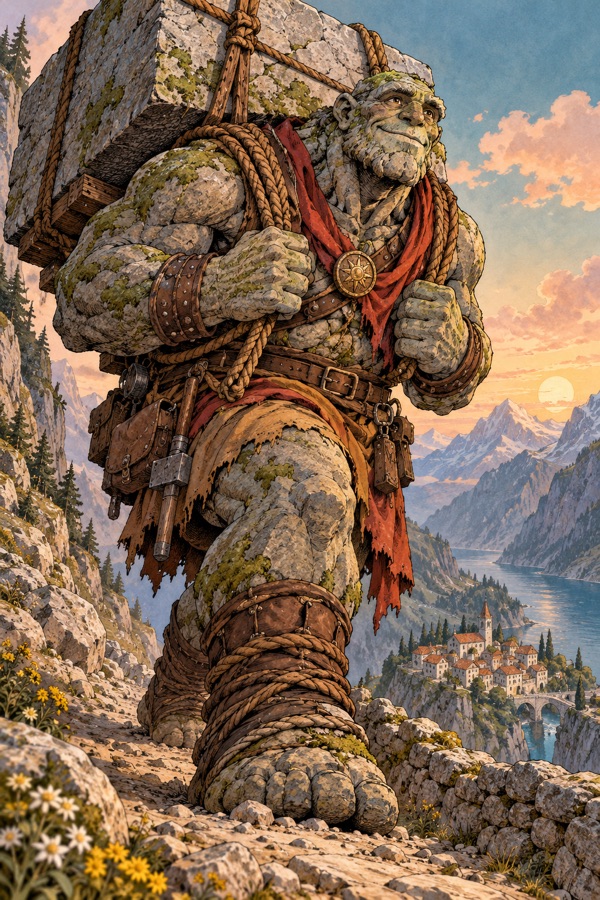 A huge Cragborn, three times a man's height, skin like weathered granite with moss in the cracks, slow kind eyes, carrying a cart-sized block of stone on his back up a mountain road, a tiny village far below.