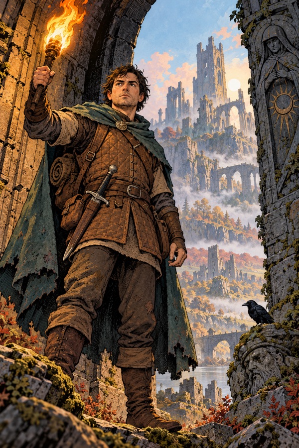 A human delver of Lanternhollow in a padded jerkin and travel cloak, short sword on the hip, holding up a torch at the Hollow Gate, plain-faced and determined, ruined towers of Aurenhold behind in morning light.