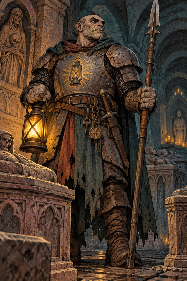 A Marrowkin guard with small tusks, heavy brow and thick bones, wearing the battered old armour of the Marrow Guard with a lamp emblem on the breastplate, calm and watchful among stone coffins in a crypt.