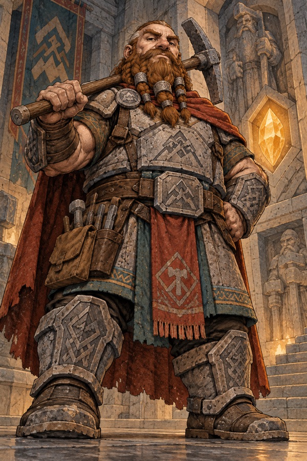 A broad, stubborn Stonekin mason-warrior with a square jaw and a braided beard bound in iron rings, heavy stone-grey armour carved with clan marks, a mattock over one shoulder, standing in a dressed-stone hall lit by a glow crystal set in the wall.