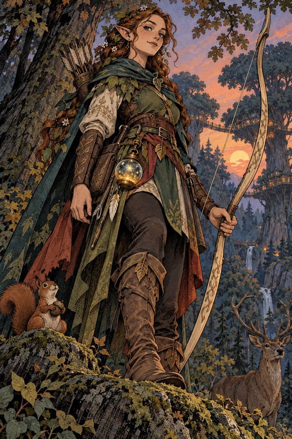 A tall, slender Sylvan archer of the Greenroof forest, keen grey eyes, long braided hair with leaves woven in, a pale wooden longbow, a small glass bowl of captured starlight glowing at her belt, standing in deep forest at dusk.