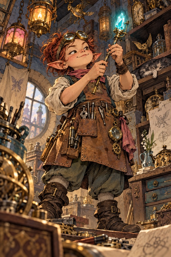 A small Tinkerling maker with magnifying spectacles pushed up on the forehead, a leather apron full of tools, fiddling with a brass rod that holds a glowing crystal sliver, in a cluttered workshop of lanterns and clockwork.
