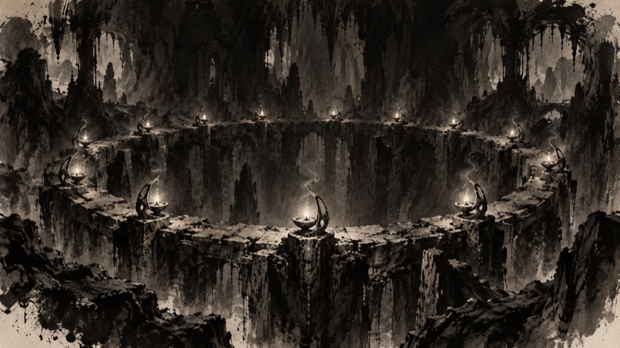 The Elder Ring, deep under the world: a ring of small, ancient lamps of a strange shape, set in rock by unknown hands, still faintly burning in an endless dark, with no one in sight to tend them.