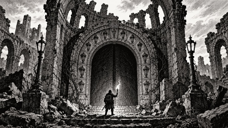 The Hollow Gate: a great arched door under a collapsed dome in the ruins of Aurenhold, lamp-posts with no lamps on either side, a lone delver with a torch at the threshold.
