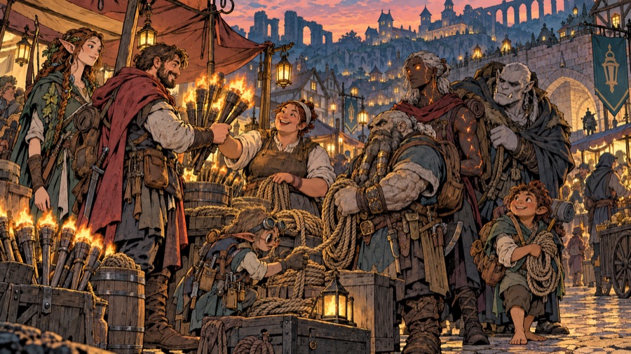 Lanternhollow at dusk: a walled timber town on old stone ruins, every street lit with lamps, delvers in the market buying torches and rope.