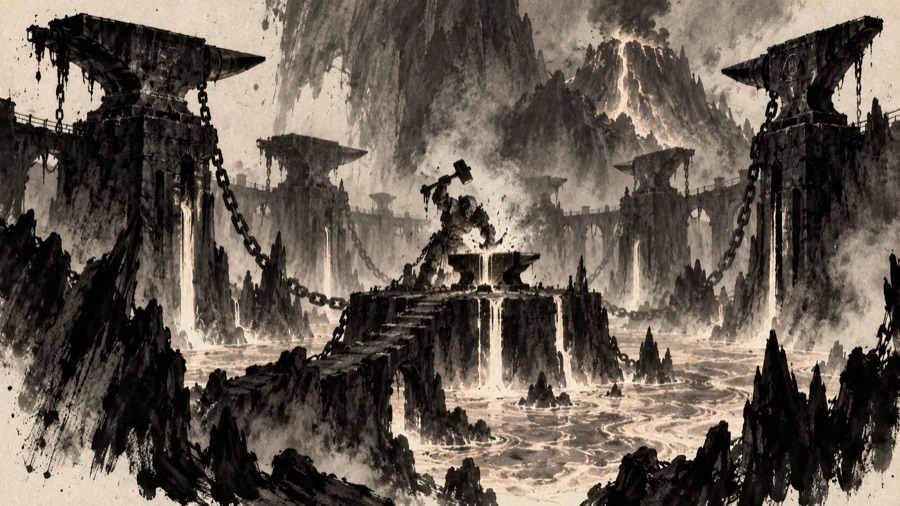 The Ring of Forges: abandoned Ashborn forges at the edge of a magma lake, giant anvils, chains, and a single golem still hammering.