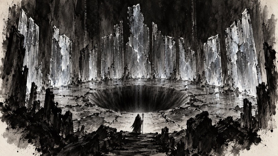 The Ring of Glass: walls of tall crystal that once shone and now glow a cold failing blue, cracked and dimming towards a black hole in the floor.