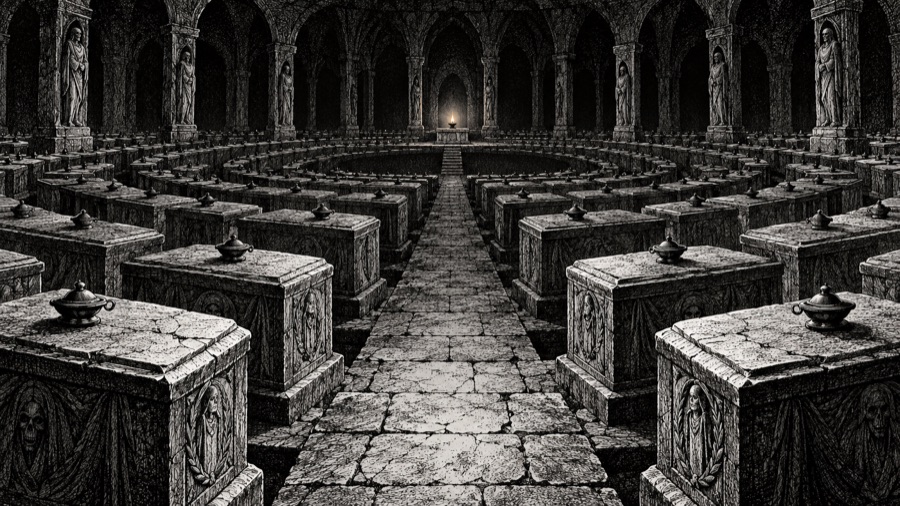 The Ring of Rest: a vast crypt of stone coffins, each with a cold dead lamp on its lid, one lamp still burning far away.