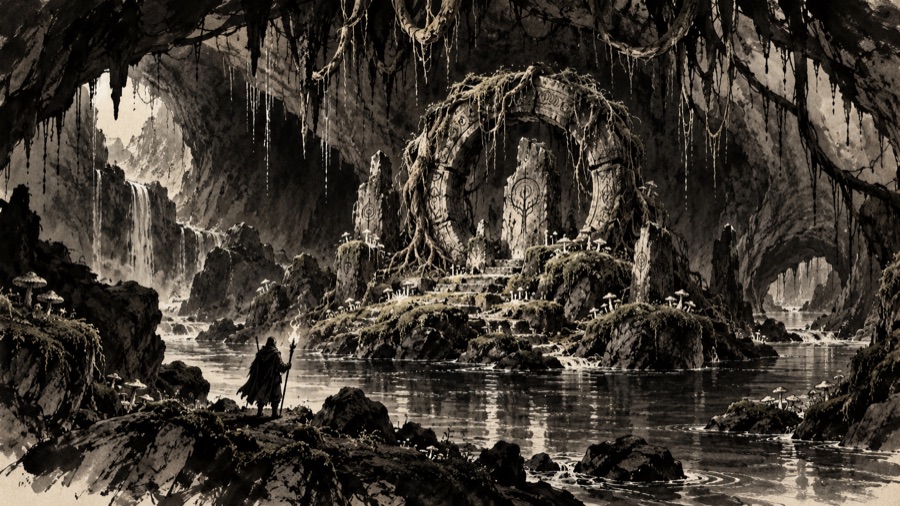 The Ring of Roots: a dripping cavern with tree roots hanging from the ceiling, an underground river, mushrooms and moss over carved shrine stones.