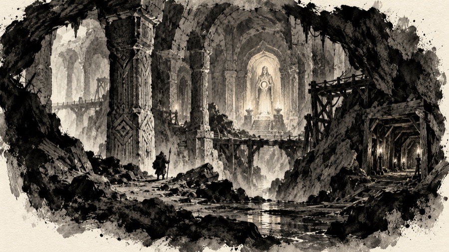 The Ring of Stone: worked Stonekin halls with pillars, broken through by rough mine tunnels, a still-lit shrine glowing in the distance.