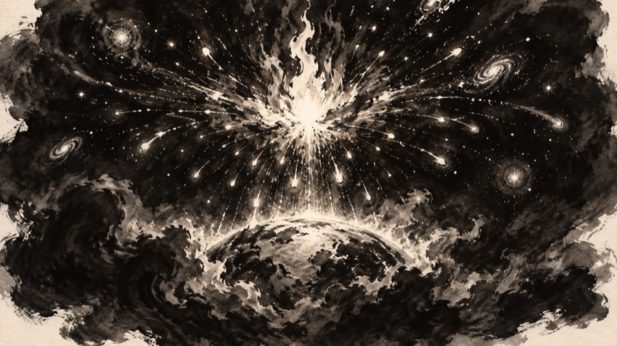 The creation myth: a single flame bursting in an endless black sea, sparks flying outward to become stars, heavy sparks falling into a forming world.