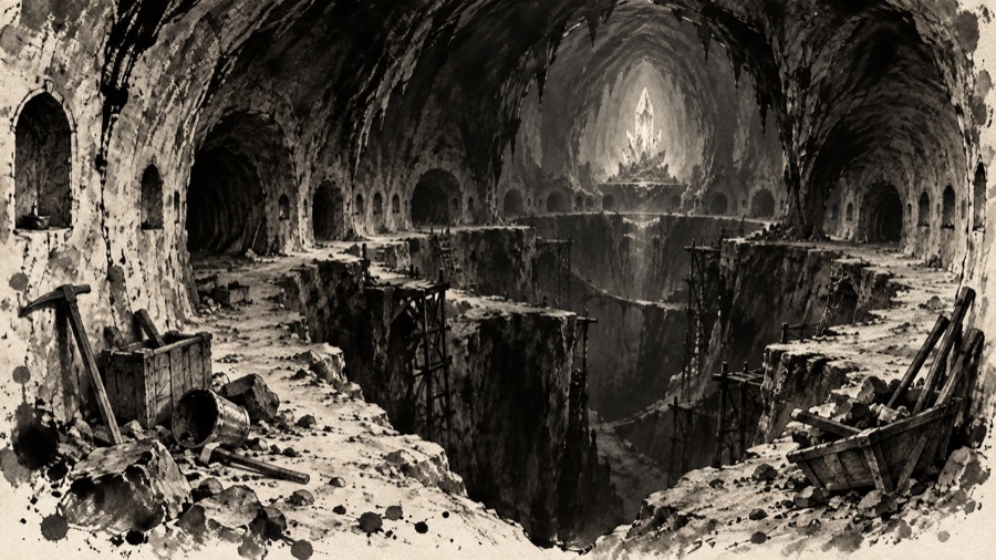The Unlit Ring, below the Pit: half-dug tunnels in raw rock, chisel marks still fresh, empty lamp niches in every wall, abandoned tools, a darkness that seems to lean in from the unfinished ends, and in the far distance one great crystal burning alone: the Last Lamp.
