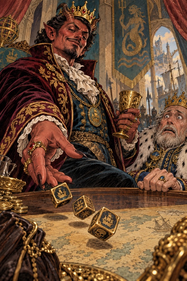 Duke Ashvane, an elegant fiend in a merchant prince's velvet coat with small horns, wearing a stolen golden crown, rolling dice on a table across from a frightened king.