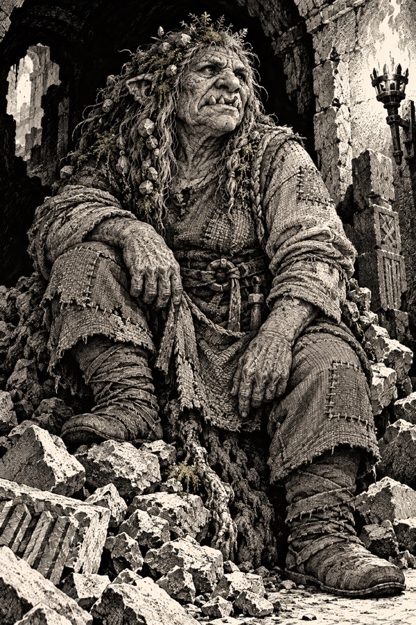 Brakka Stoneteeth, an ancient she-troll with granite teeth, moss and pebbles in her matted hair, sitting on a pile of rubble that she seems to have grown out of.