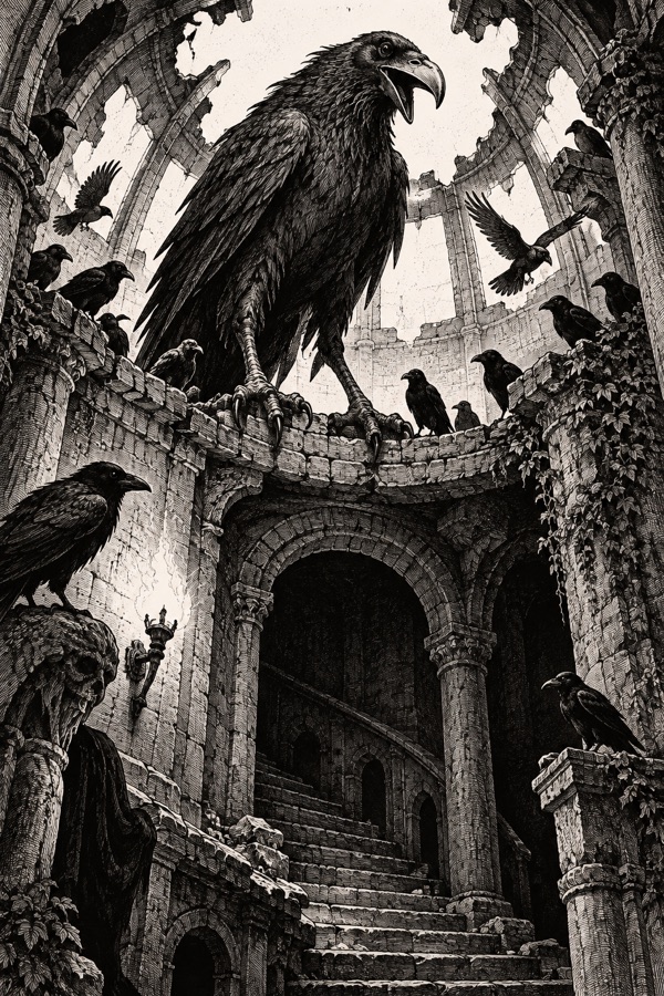 Corvane, a crow as tall as a man, perched on a broken dome over a stairwell, head tilted, its open beak seeming to speak, smaller crows all around.