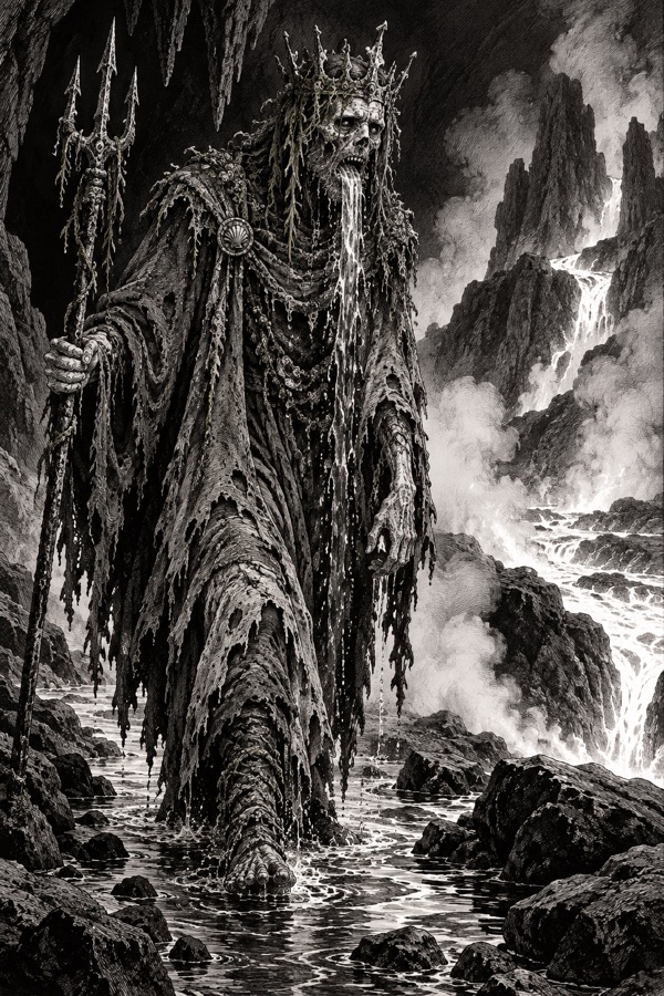 The Drowned King, a regal corpse in rotting robes, waterweed tangled in his crown, water pouring from his mouth, walking along a steaming riverbed beside magma.