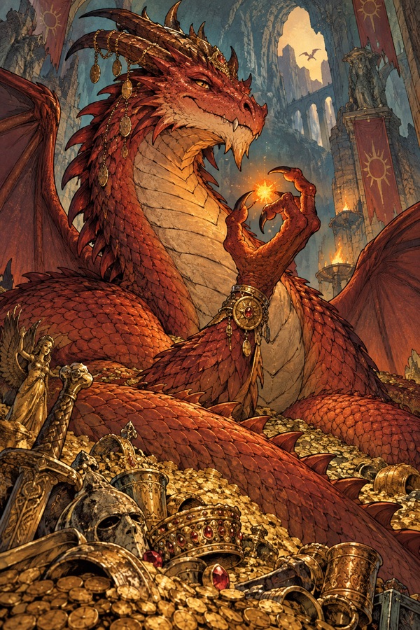 The Ember Queen, an ancient red dragon coiled on a hoard of shapeless old gold, her scales glowing like coals, cradling one tiny bright ember between her claws.