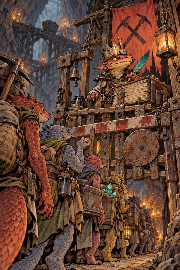 Fenwick Gutterking, a small scaly kobold with a lopsided tin crown and an enormous ledger, behind a toll gate made of junk in a mine gallery, a line of kobolds queuing to pay.