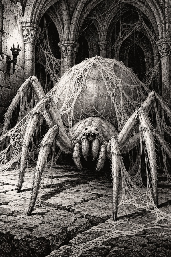 The Grey Widow, a huge pale spider whose silk hangs from her like a bride's veil, in a vaulted crypt draped with webs like wedding lace.