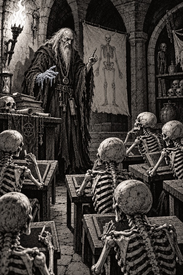 Grimsby Coldhand, an old necromancer with one blue frozen hand, lecturing a class of skeletal apprentices who sit at little desks with chalk slates.
