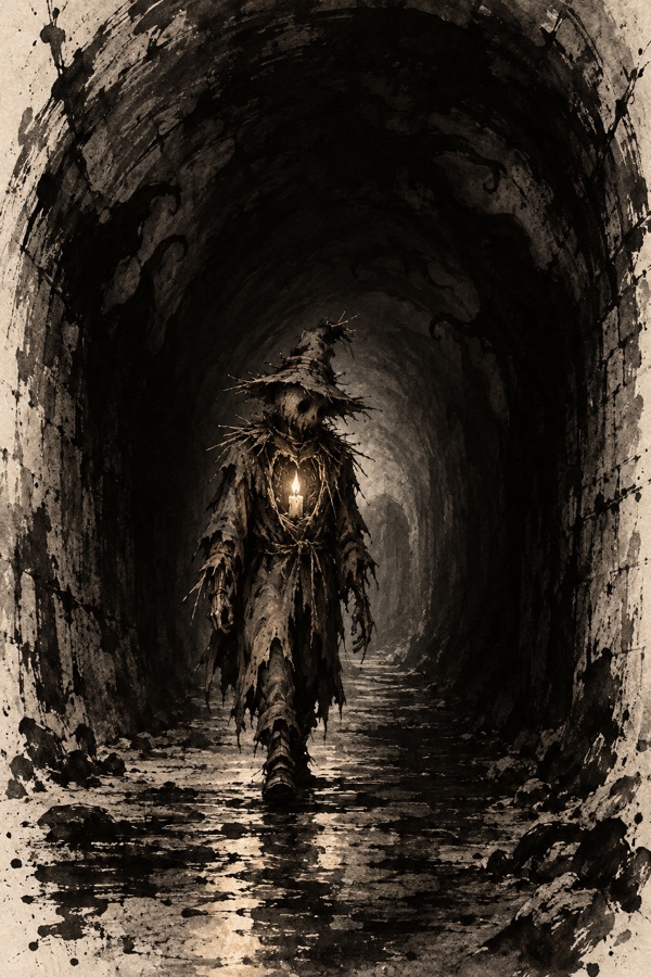 Hollow Jack, a ragged scarecrow walking alone down a dark tunnel, a lit candle burning inside its straw chest, the darkness keeping its distance.
