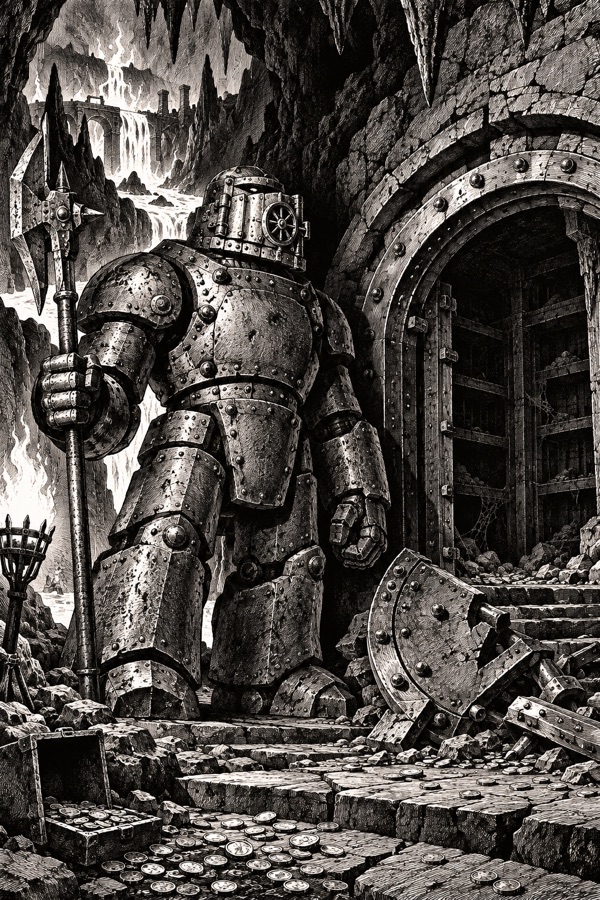 Ironjaw, a hulking iron golem with a jaw like a vault door, standing guard in front of an empty broken vault in a magma-lit cavern, coins scattered and long gone.