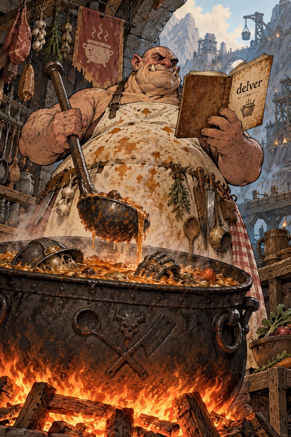 Kettlemaw, a fat ogre cook in a stained apron with a huge ladle, stirring an enormous cauldron over a fire, reading a recipe that says only "delver".