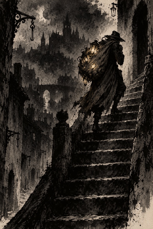 The Lantern Thief: a tall shadow in a long stolen coat climbing a stair at night, a bulging sack over its shoulder leaking faint light, every lamp behind it snuffed out.