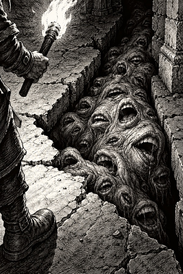 The Many-Mouthed, a heaving shapeless horror covered in human mouths, each whispering, half hidden in a crack in the floor.
