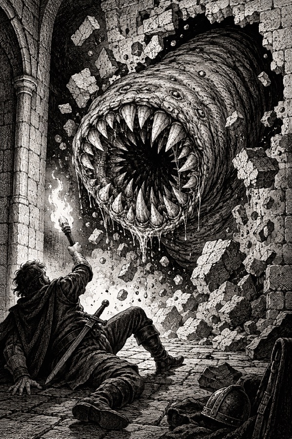 The Maul-Wyrm, a worm as wide as a corridor bursting through a stone wall, its round mouth ringed with grinding teeth, rubble exploding outward.