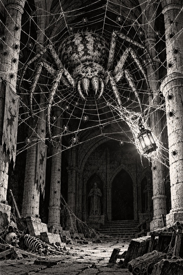 A spider as wide as a cart in a web spanning an old stone hall, dozens of small spiders around her, a delver's lantern caught in the silk.