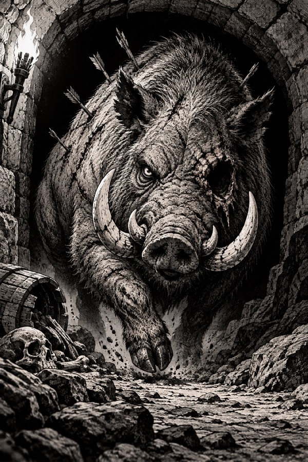 A huge one-eyed boar covered in old scars and broken arrow shafts, charging out of a dark tunnel, the empty eye socket deep in shadow.