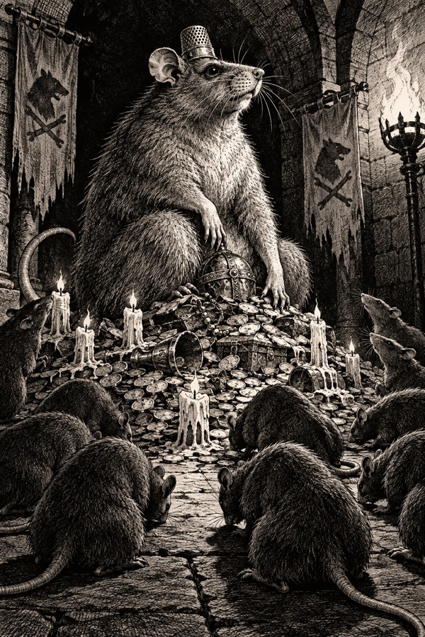 A rat as big as a dog, wearing a silver thimble as a crown, sitting on a heap of stolen coins and candle stubs, a court of ordinary rats bowing around him.