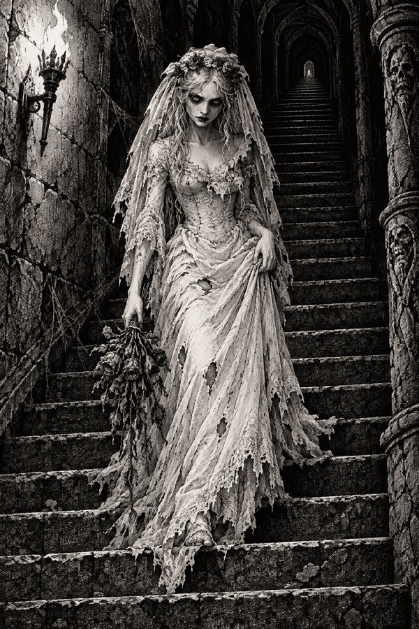 The Pale Bride, a pale young woman in a torn, old-fashioned wedding gown and veil, walking slowly down an endless stair holding a dead bouquet, eyes hungry.