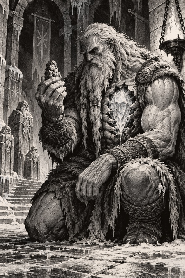 Rimeheart, a frost giant with a block of ice where his heart should be, kneeling in a frozen hall, a small carved Cragborn figurine in his enormous hand.