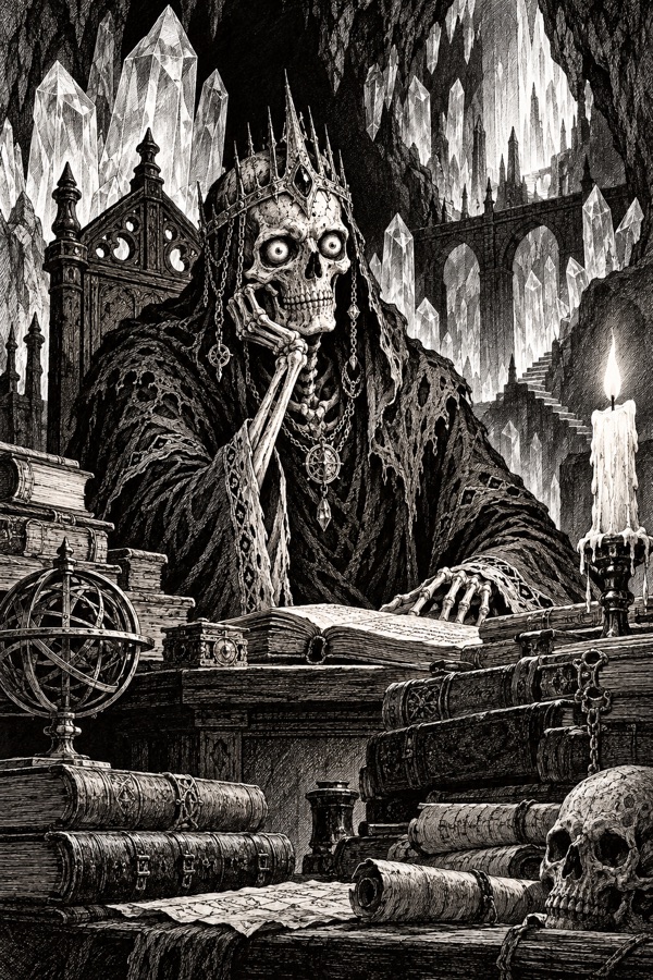 Skarth the Unsleeping, a skeletal lich with wide lidless eyes, sitting at a desk heaped with books in a crystal cavern, a guttering candle beside him, refusing to blink.