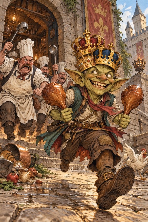 Snag the Quick, a wiry grinning goblin running off with three crowns on his head and a roast leg in each hand, chased by angry cooks with ladles.