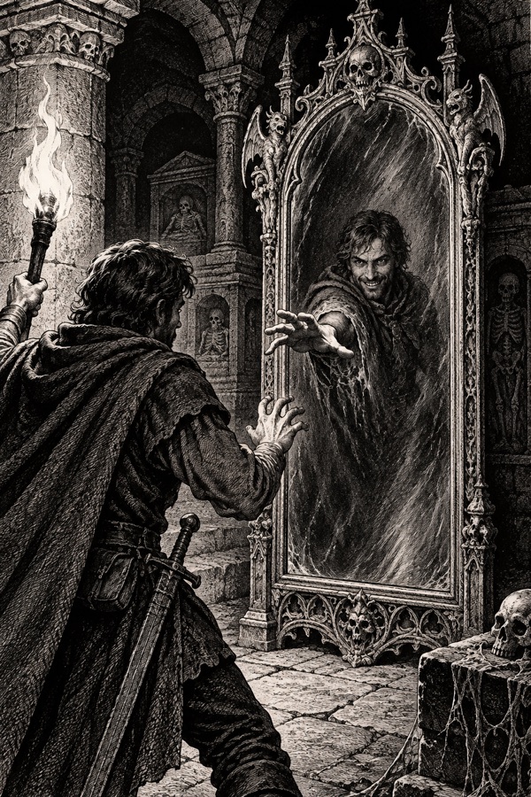 Thessaly Glass, a tall ornate mirror in a crypt whose reflection shows the viewer, but the reflection is smiling and reaching out of the glass.