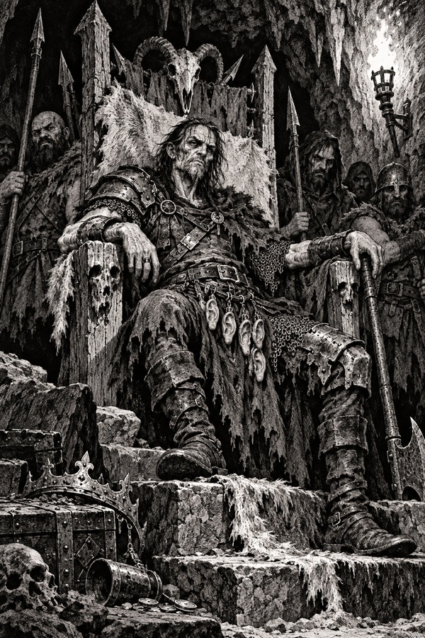 Varn the Flayer, a gaunt brigand chief in mismatched armour, a string of dried ears on his belt, sitting on a stolen throne in a cave with his gang behind.