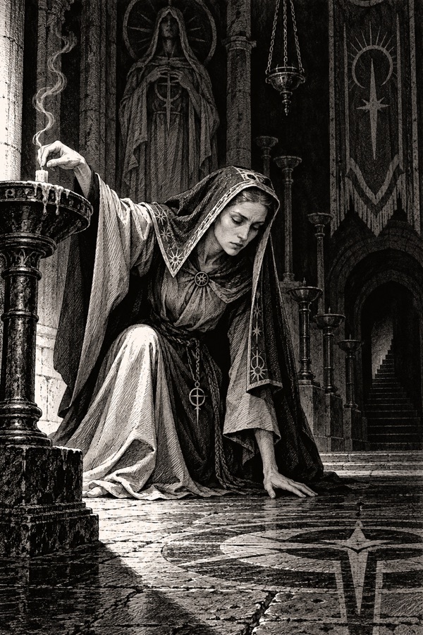 Sister Vesper, a thin woman in a Keeper's robes, pinching out the last candle in a temple of extinguished lamps, smoke curling up, her face calm and listening to something below the floor.