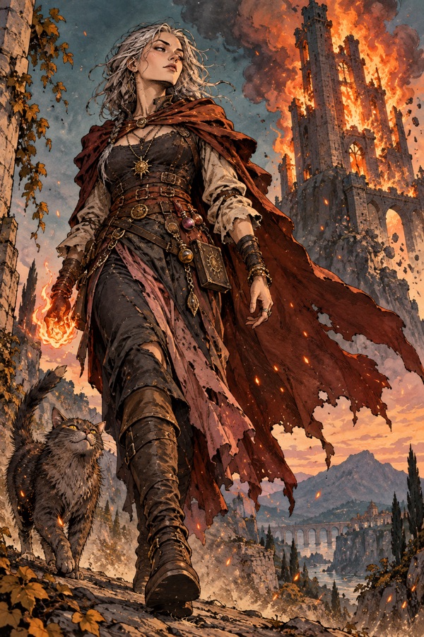 Ysolde of the Ashes, a fierce pyromancer with ash-grey hair walking away from her own burning tower, embers swirling around her, not looking back.